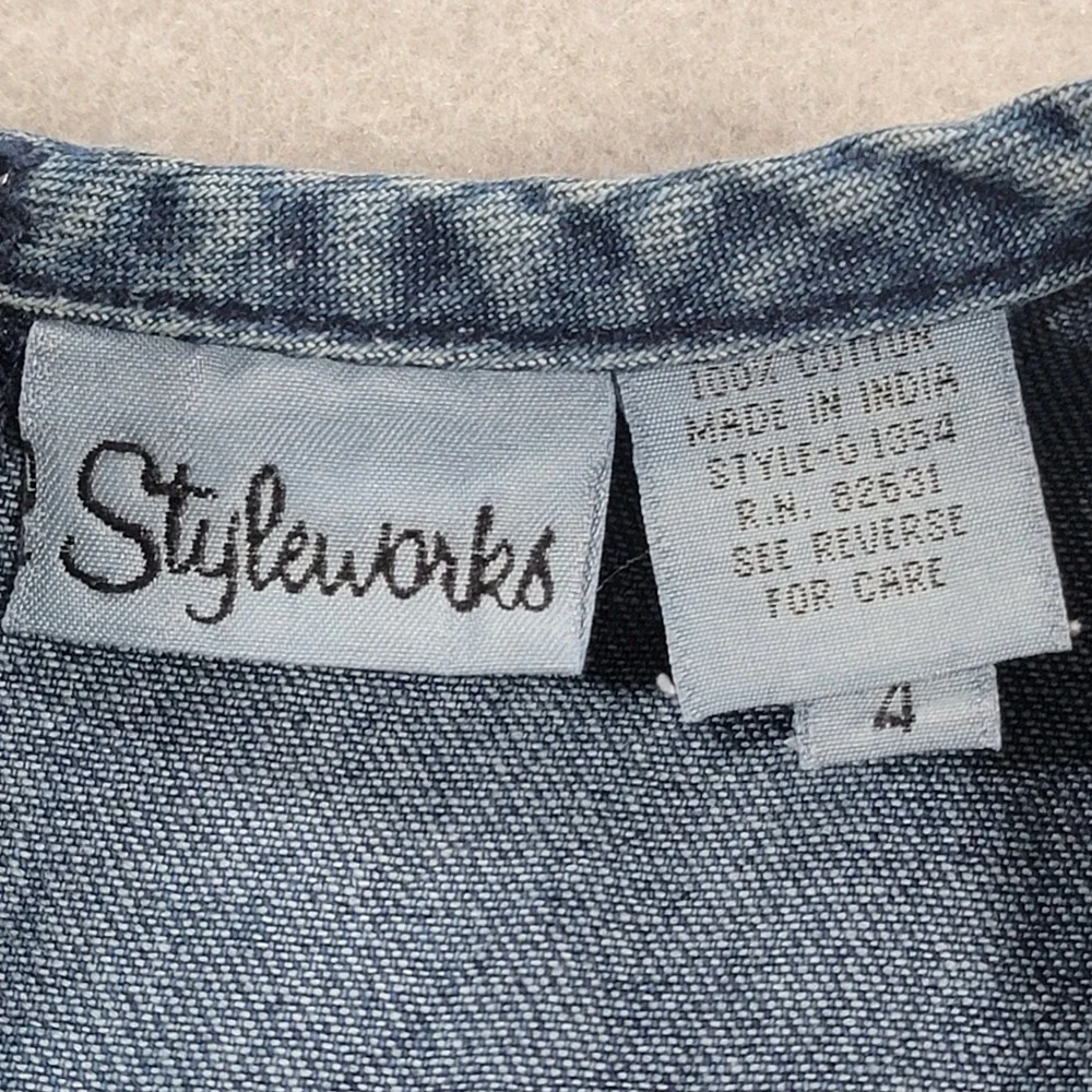 Vintage Styleworks Denim Maxi‎ Dress Blue Embroidered Mesh Floral Boho Women's 4 - Picture 6 of 12